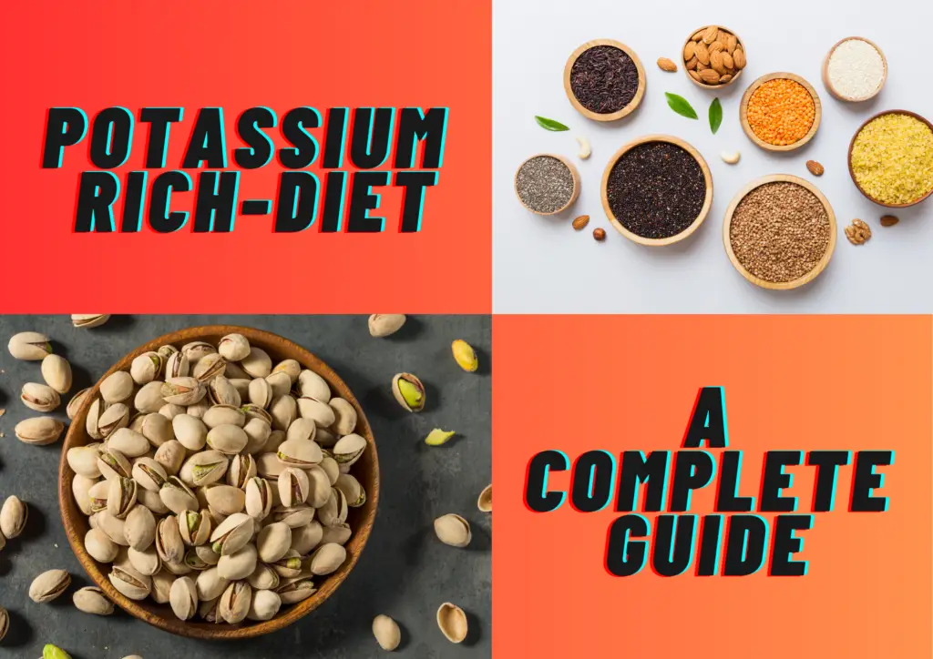 A visual guide to potassium-rich foods featuring nuts, seeds, and grains with bold typography highlighting 'Potassium Rich-Diet' and 'A Complete Guide