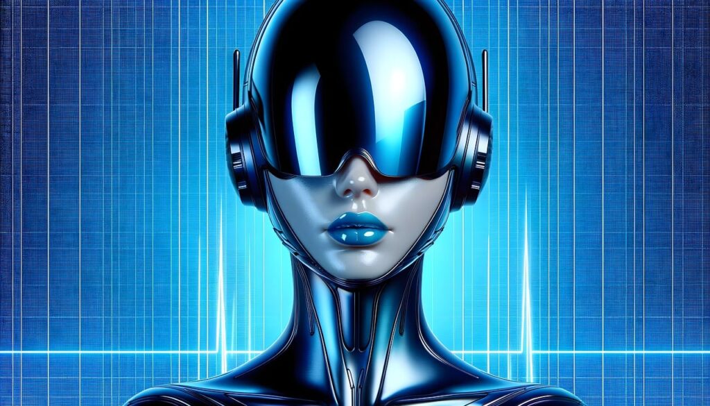 Futuristic female cyborg with a high-tech radiation shield visor, representing EMF radiation safety and protection. Digital AI-generated artwork with neon blue cyber aesthetics. Keywords: EMF radiation, radiation shield, radiation safety, EMF field, futuristic technology