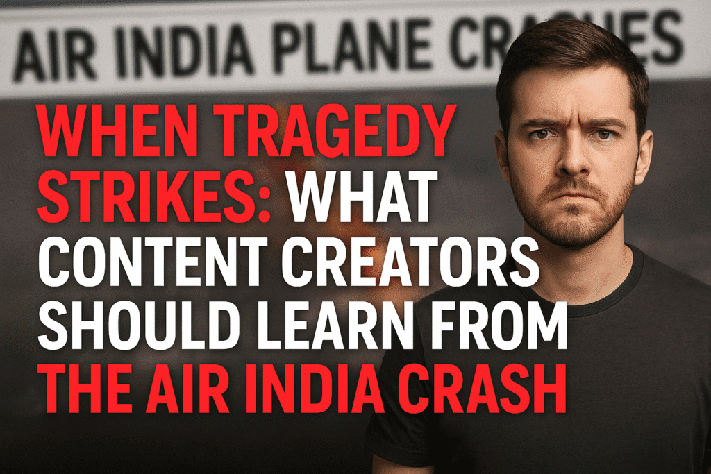 Serious male YouTube creator with headline "When Tragedy Strikes: What Content Creators Should Learn from the Air India Crash" against a blurred news background.